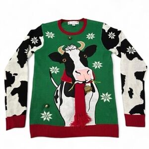 Men's Festive Cow Sweater with Red Accents Size Medium
